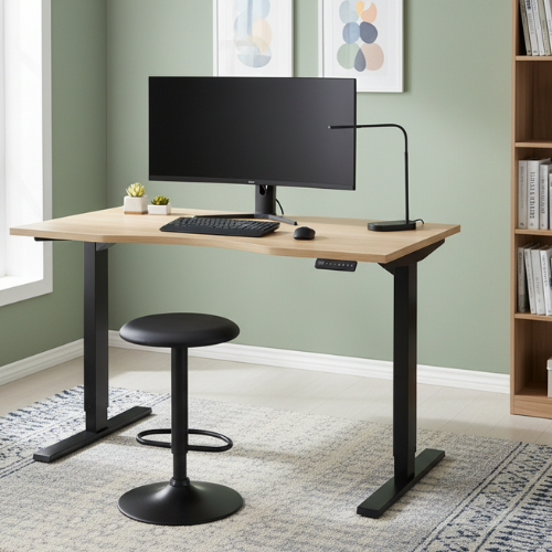 Zoom Electric Dual Motor Height Adjustable Sit Stand Office Desk Dual Purpose Reversible Scallop Top W1200xD700xH685-1185mm Urban Oak Top Black Frame 10 Year Warranty